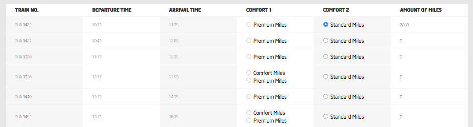 By default, the webpage only lets you redeem tickets if you have enough miles, here 2000 for a Brussels to Paris train. I cannot click on the Premium 1st class tickets since I haven’t accumulated 5800+ miles in my account.