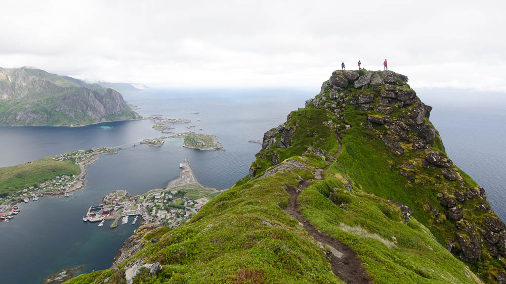 On top of Reinebringen. If you continue after the summit, the hike starts to be more technical following the edge. I heard it may be possible to either climb from the end or rappel down the cliff.