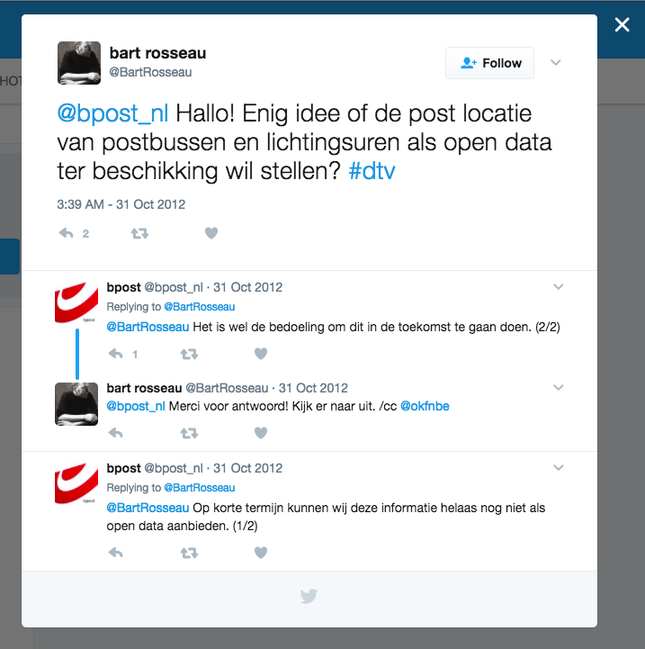 On Twitter, you can find a request from 2012 by Bart Rousseau, asking if there were chances to open up this data. Even if bpost agreed this was their intention for the future, “we unfortunately can not offer this information on a short term”. It has been almost five years since—it’s clear that we need to try another approach to get access to this data set.